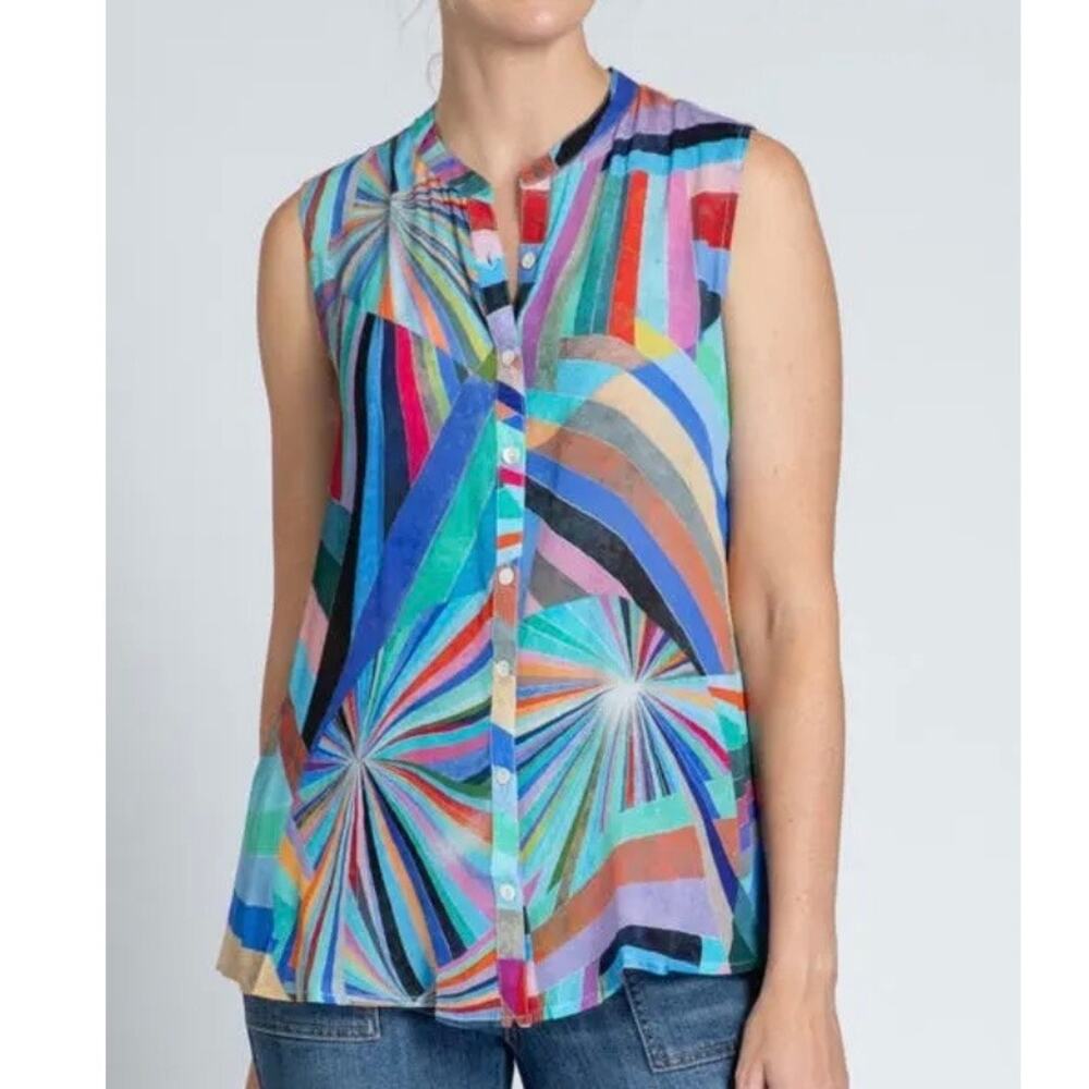 AP.NY Cupro Viscose Colorful Button-Up Flowy Sleeveless Artsy Summer Top SMALL